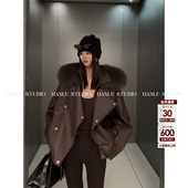 HanLu studio小众精裁阔型拉链黑色皮夹克外套狐狸毛领可拆卸冬