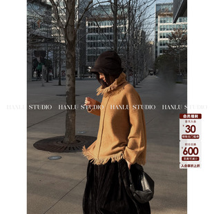 HANLU STUDIO毛边工艺高领不规则下摆设计宽松麋棕色毛织羊毛上衣