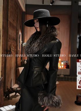 HANLU STUDIO品牌原创立裁收腰皮衣羽绒服拼接皮草狐狸毛领外套黑