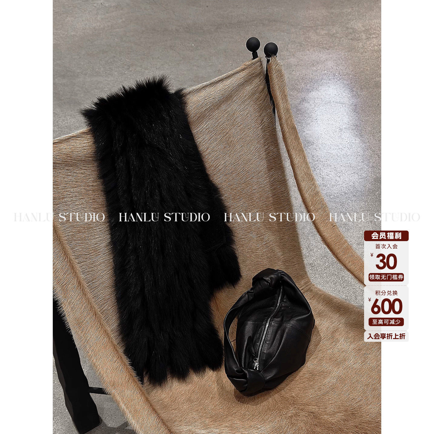 HANLU STUDIO皮草围巾100绵羊毛双面呢拼接真狐狸毛领长款披肩黑