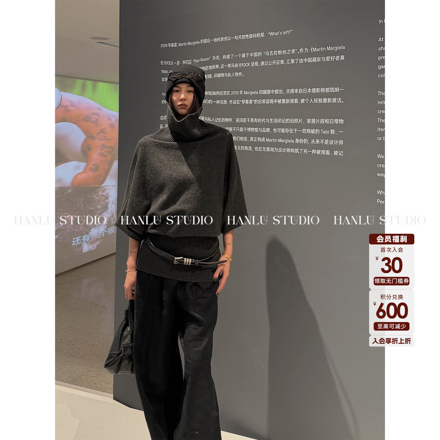 HANLU STUDIO高领一字肩连衣裙蝙蝠袖时髦精紧身羊毛混纺短裙深灰