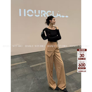 HanLu studio小众不规则拼接腰封设计毛呢高质感驼色羊毛直筒长裤