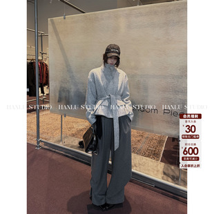 HanLu studio品牌原创小众解构设计流动线条拼接蕾丝高腰羊毛长裤