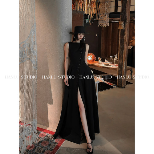HANLU STUDIO品牌天丝棉无袖连衣裙斜裁撞色收腰立裁小黑裙长裙