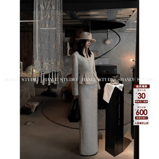 HanLu studio品牌原创定制星灰色高腰显瘦直筒后开叉羊毛半身裙冬