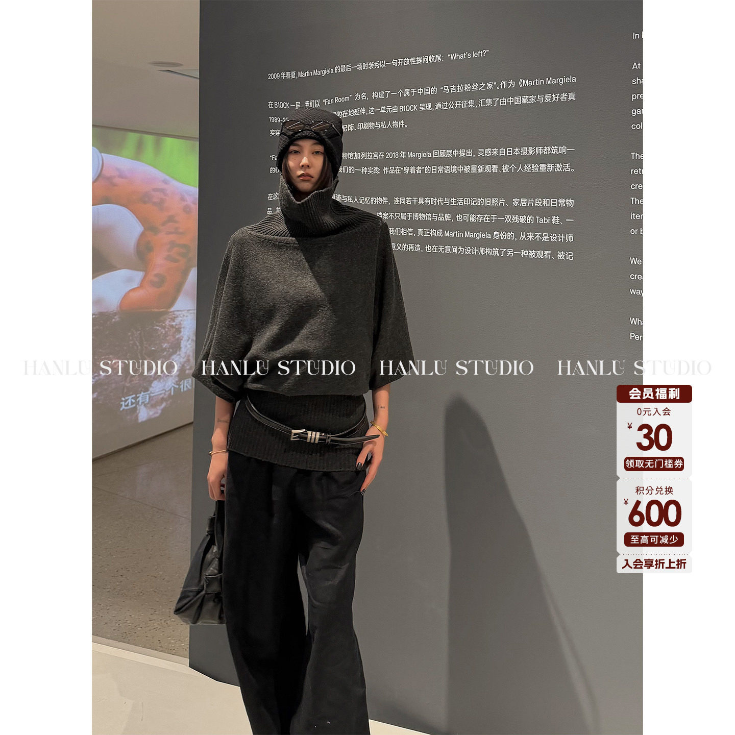 HANLU STUDIO高领一字肩连衣裙蝙蝠袖时髦精紧身羊毛混纺短裙深灰