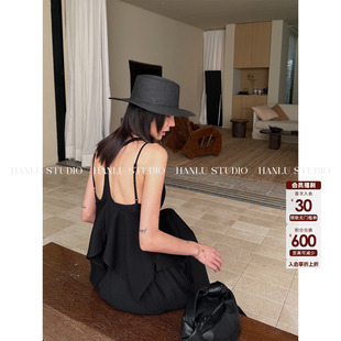 HANLU STUDIO品牌26ss定制压纹肌理棉感吊带立裁不规则露背上衣黑