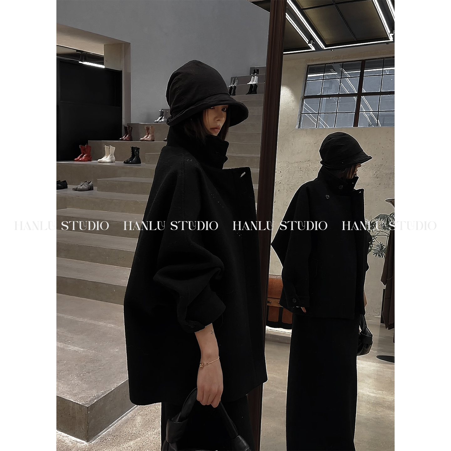 HanLu studio品牌线·小众原创暗黑先锋廓型100绵羊毛毛呢外套冬