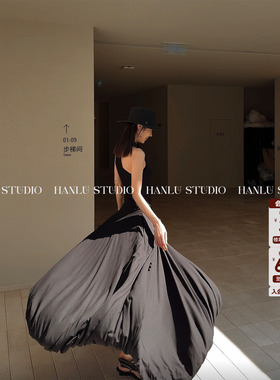 HANLU STUDIO重工礼服裙不规则纽结设计鱼骨大裙摆黑色亚麻连衣裙