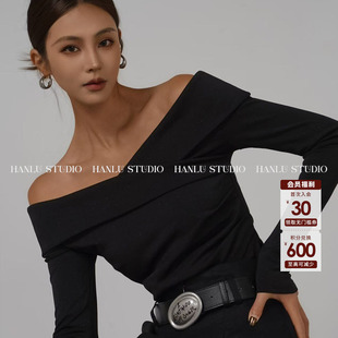 HanLu studio极简派重工烫银工艺一字肩上衣老钱风100亚麻高腰裤