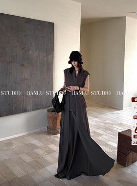 HANLU STUDIO解构不对称侘寂风立裁飘带腰封设计炭灰色高腰半身裙