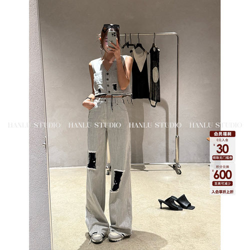 HanLu studio时尚夏季重工磨毛牛仔摩登复古高腰长裤