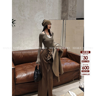 HANLU STUDIO品牌不规则解构设计拼接砂绿色百搭羊毛莱赛尔上衣