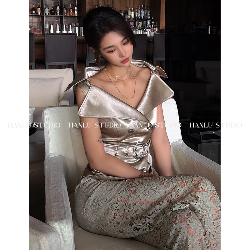 HanLu studio小众设计师法式太妃糖色马甲蕾丝高腰长裤套装