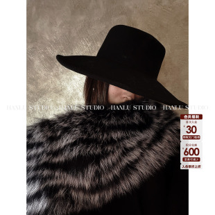 HANLU STUDIO狐狸毛领围巾100绵羊毛双面呢拼接真毛领花黑色披肩