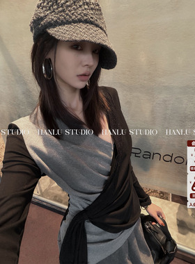 HanLu studio品牌小众原创多片双层蕾丝拼接黑灰色飘带长袖上衣