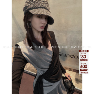 HanLu 上衣 studio品牌小众原创多片双层蕾丝拼接黑灰色飘带长袖