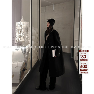 HanLu 原创小众100绵羊毛精裁无领明线拱针羊毛大衣黑 studio品牌