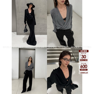 HanLu studio极简高级感羊毛山羊绒荡领蝙蝠长袖v领上衣黑灰色