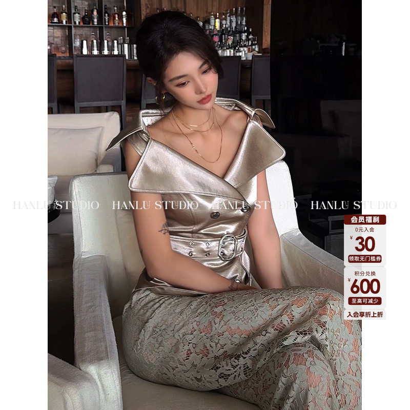 HanLu studio小众设计师法式太妃糖色马甲蕾丝高腰长裤套装
