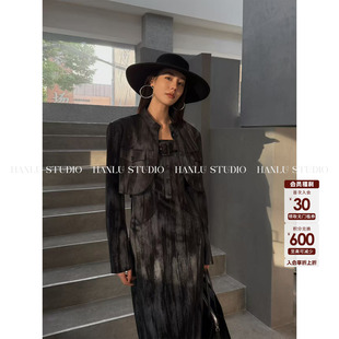 墨黑色晕染丝绒短外套 短款 HanLu studio品牌线·小众原创立裁长袖