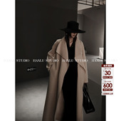 HANLU STUDIO品牌手工坊系列100绵羊毛奶茶色翻领双面呢长款 大衣