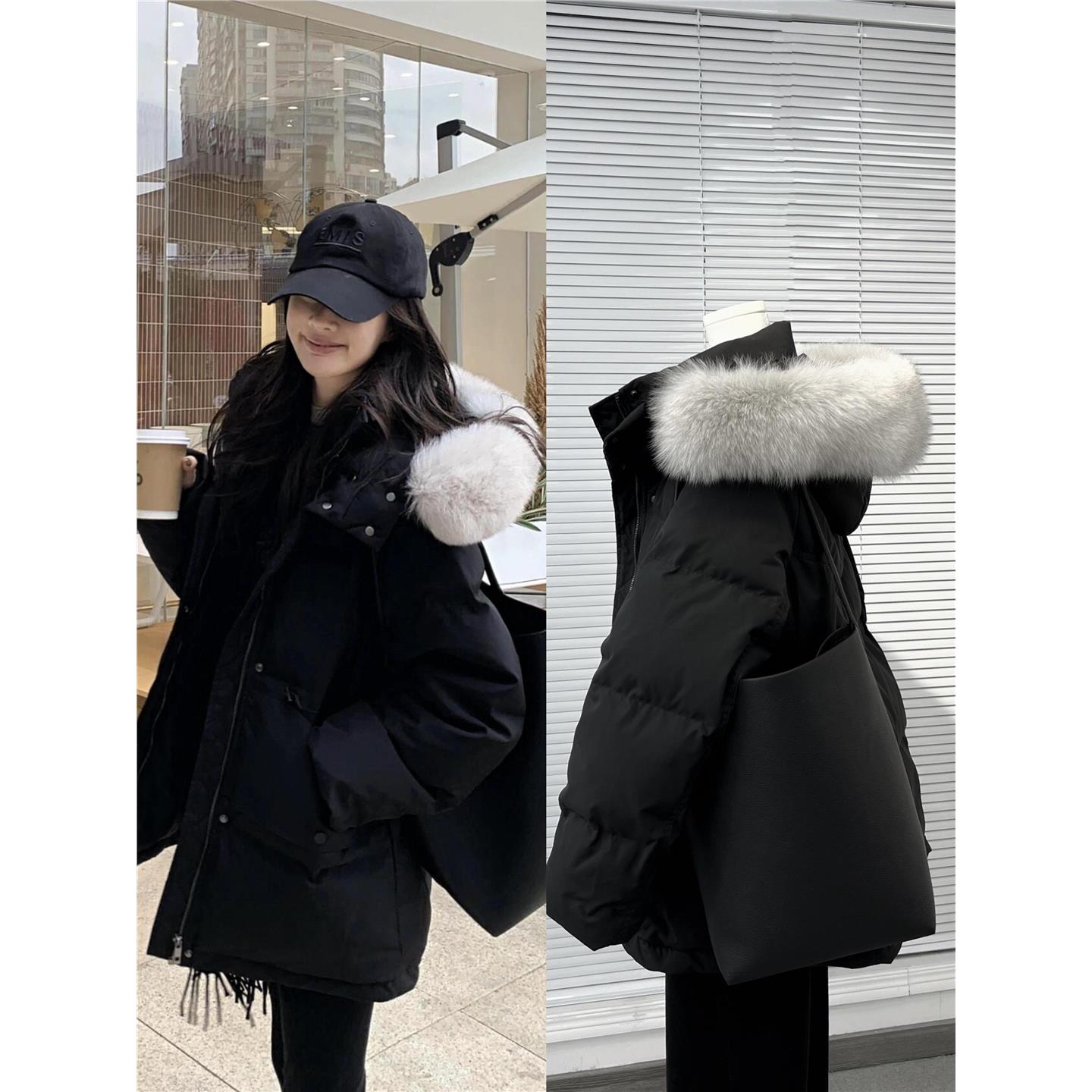 2025现货一路出品蓬松大毛领黑色羽绒服休闲工装百搭派克服外套20