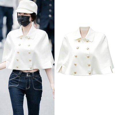 2026虞书欣同款白色双排扣翻领上衣夏季韩系高级感巨好看披肩斗篷