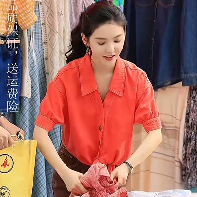 2026冬去春来章若楠庄庄同款玫红色系带短袖衬衫女法式时尚短款上