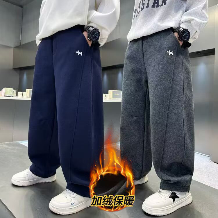 男童一体加绒裤子冬季新款2025儿童秋冬款中大童男孩运动弯刀卫裤