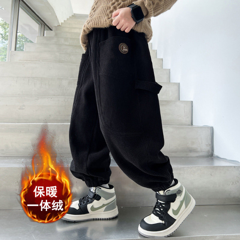 男童灯芯绒裤子秋冬新款2025中大儿童运动裤冬季一体加绒卫裤男孩