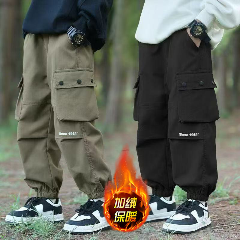 男童防水冲锋裤春秋冬款加绒工装裤2025冬季中大儿童休闲运动裤潮