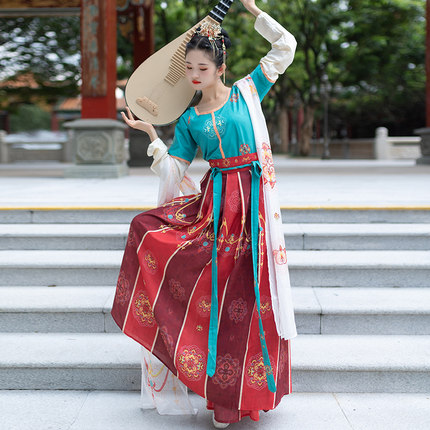 原创中国风传统改良汉服坦领半臂女齐腰襦裙印花连衣裙表演套装女