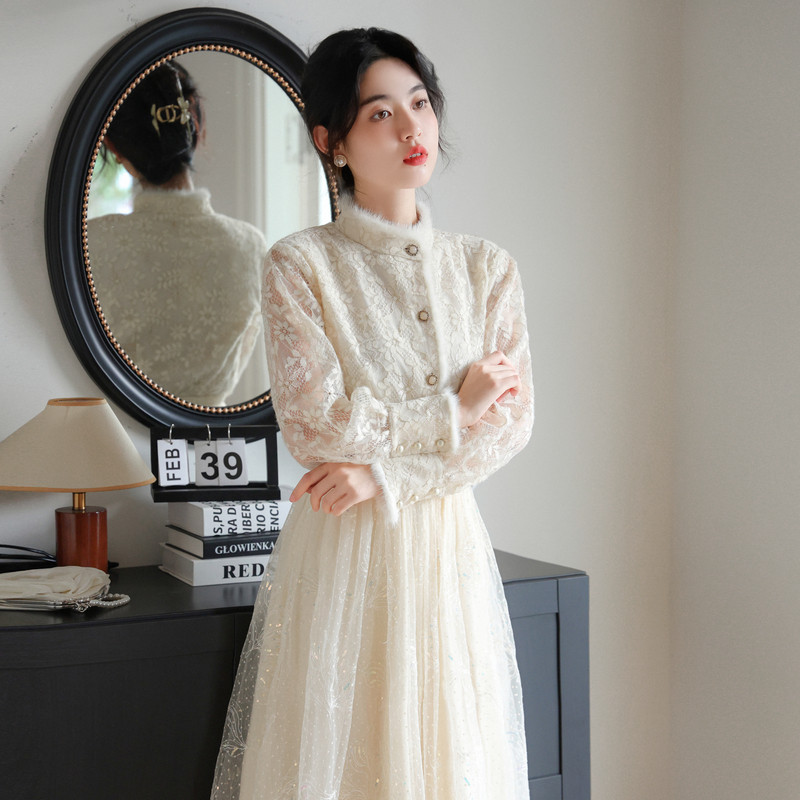 새로운 중국 스타일 국가 스타일 토끼 모피 레이스 개선 치파오 셔츠 탑 메쉬 수 놓은 우아한 와이드 스커트 정장