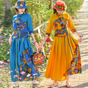 时尚民族风女装春夏季新品复古棉麻衬衫半身裙两件套云南旅游度假
