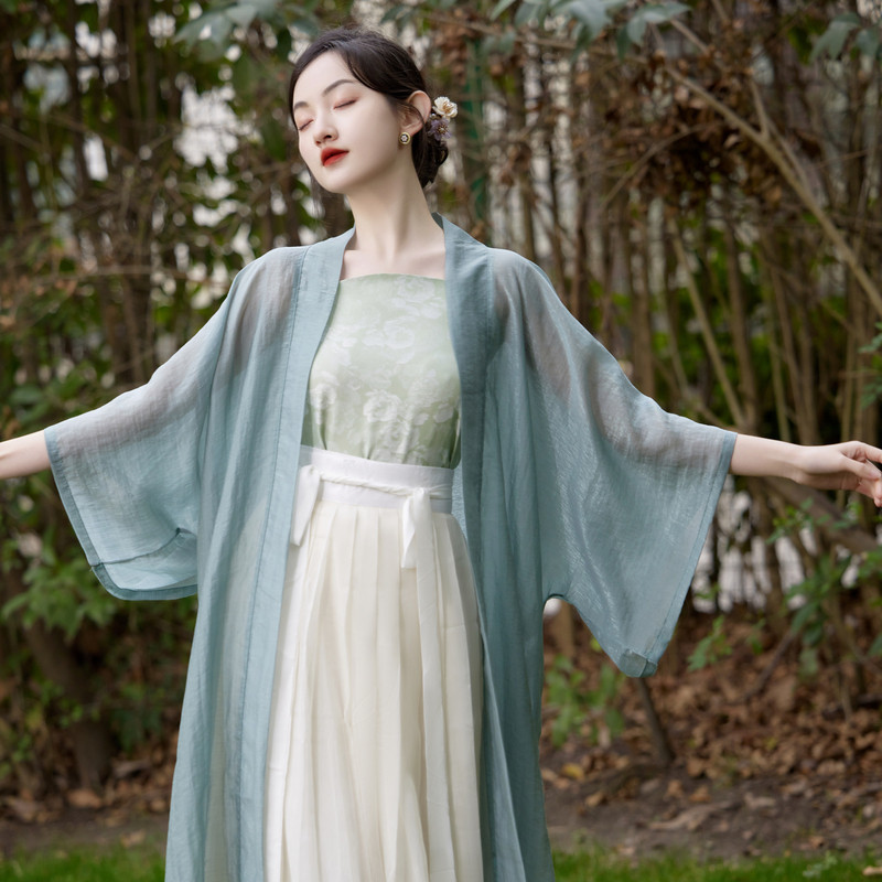 원래 송나라 일일 착용 가능 HANFU 얇은 대형 소매 자수 멜빵 원피스 허리 길이 스커트 골동품 양복