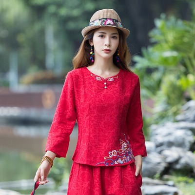 中国风女装2023夏季新款民族服装复古绣花大红色棉麻T恤上衣AAZ