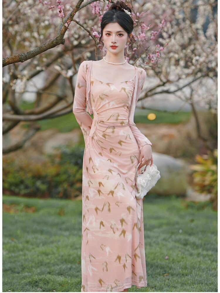 원래 디자인 틈새 새로운 중국 스타일 복고풍 인쇄 메쉬 드레스 + 쉬폰 태양 보호 카디건 정장