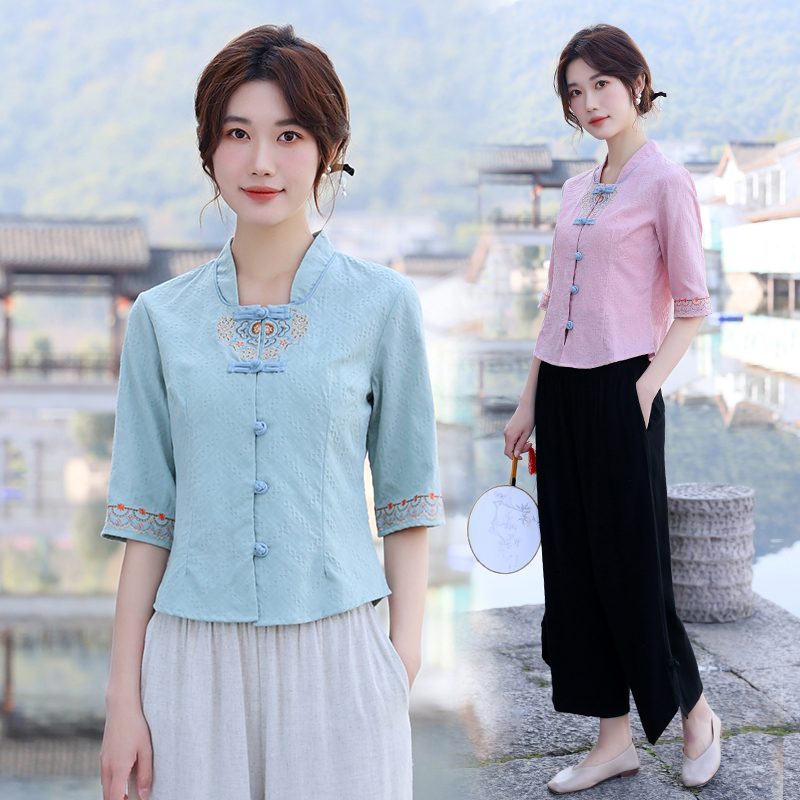 云南旅游民族风女装2023春夏新款中式复古绣花棉麻唐装禅茶服套装
