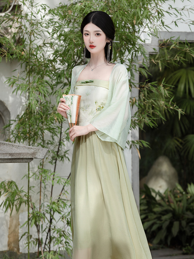 原创设计感小众新中式国风改良汉服开衫印花吊带半身裙古装三件套