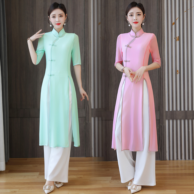 2022年春夏季新款中国风连衣裙复古中式改良旗袍三件套舞蹈表演服