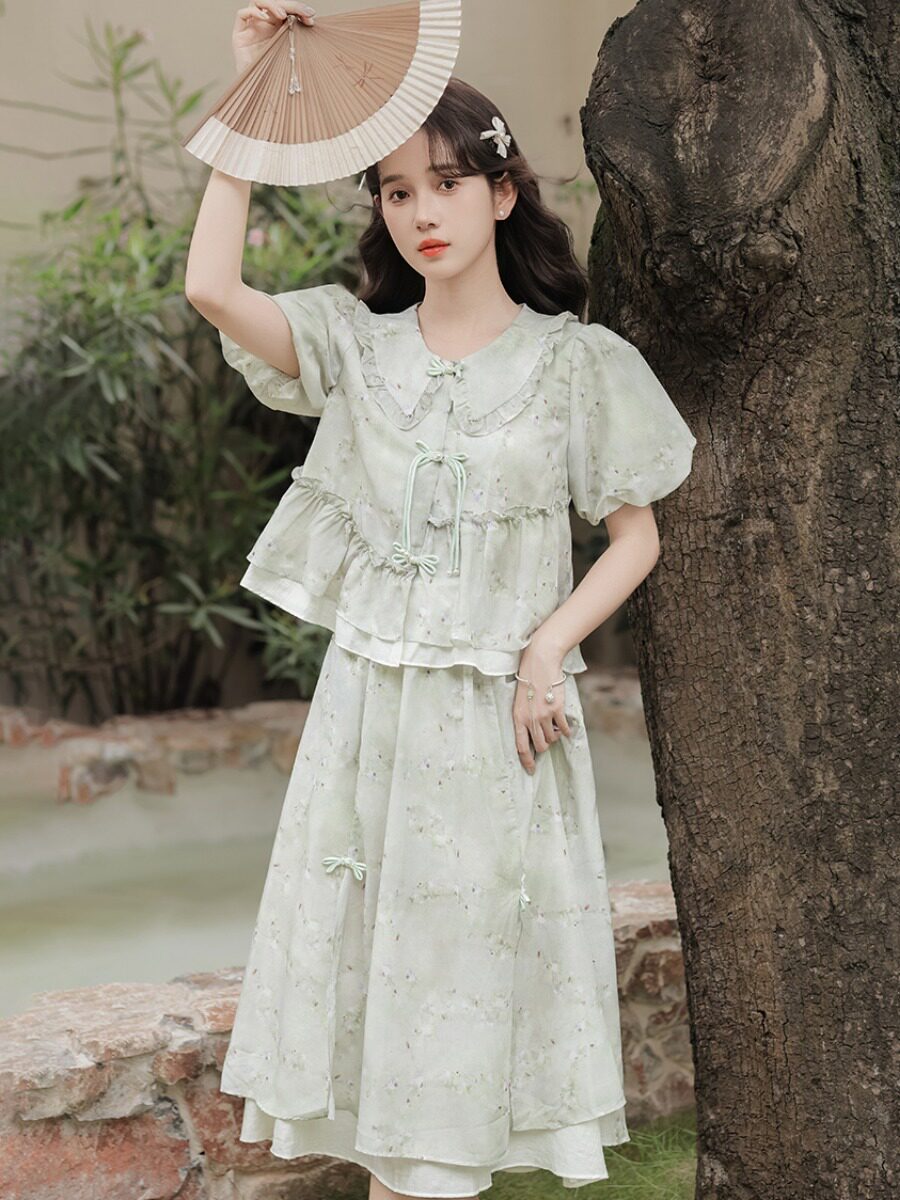 디자인 감각 틈새 새로운 중국 스타일 여성 여름 소녀 젊은 스타일 국가 스타일 문학 복고풍 쉬폰 탑과 스커트 정장