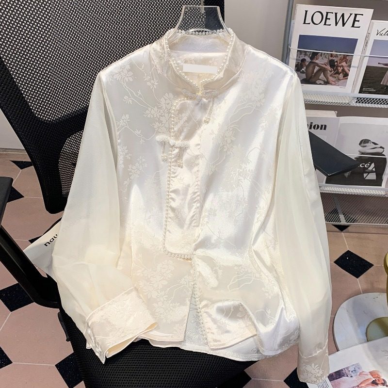 NEW CHINESE MODIFIED TANG COSTUME TOP WOMENS 2024 NEW CHINESE STYLE RETRO HANDMADE BEADED JACQUARD SHIRT BASE SHIRT