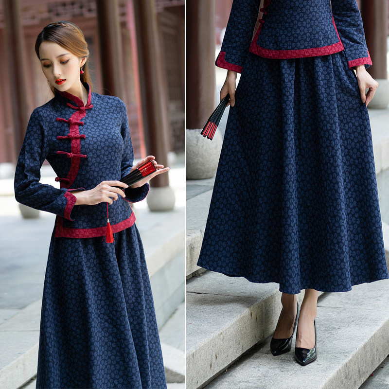 2022春装新款中国风文艺复古民国提花厚料棉麻松紧腰半身裙长裙al