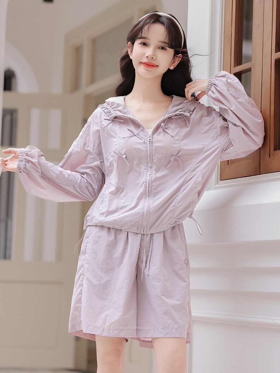 2024 봄 여름 긴급 대형 느슨한 얇은 후드 자외선 차단 자외선 차단 의류 카디건 코트 반바지 투피스 슈트