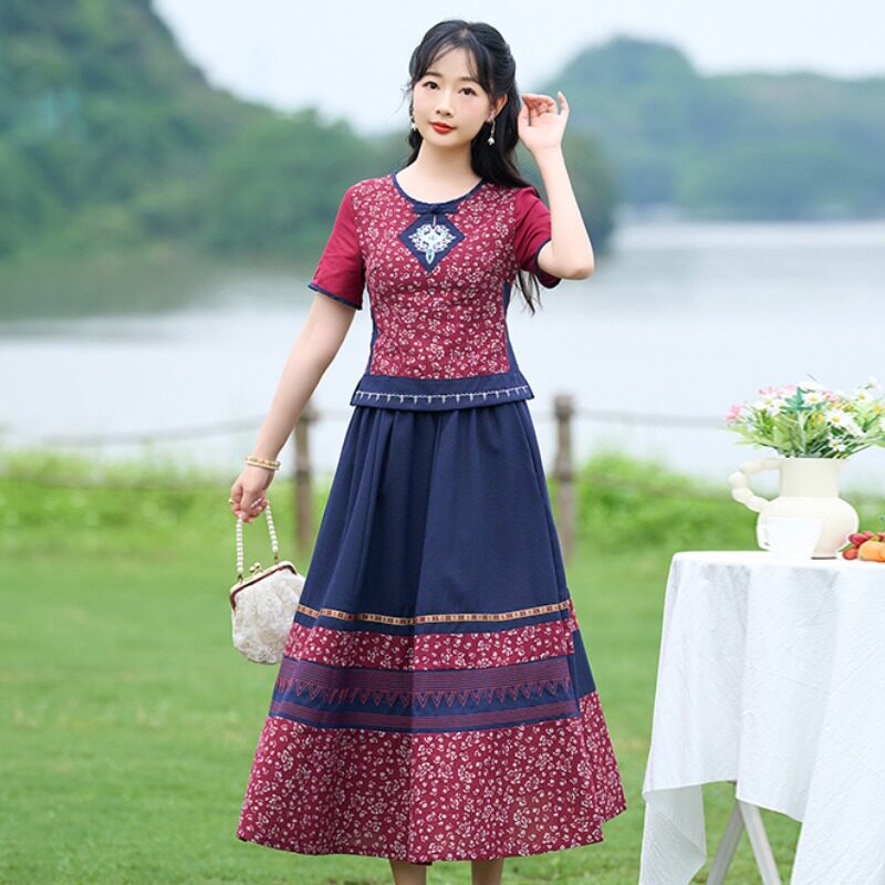 民族服装2024夏装新款中年妈妈装时尚复古印花棉麻短袖t恤a字半裙