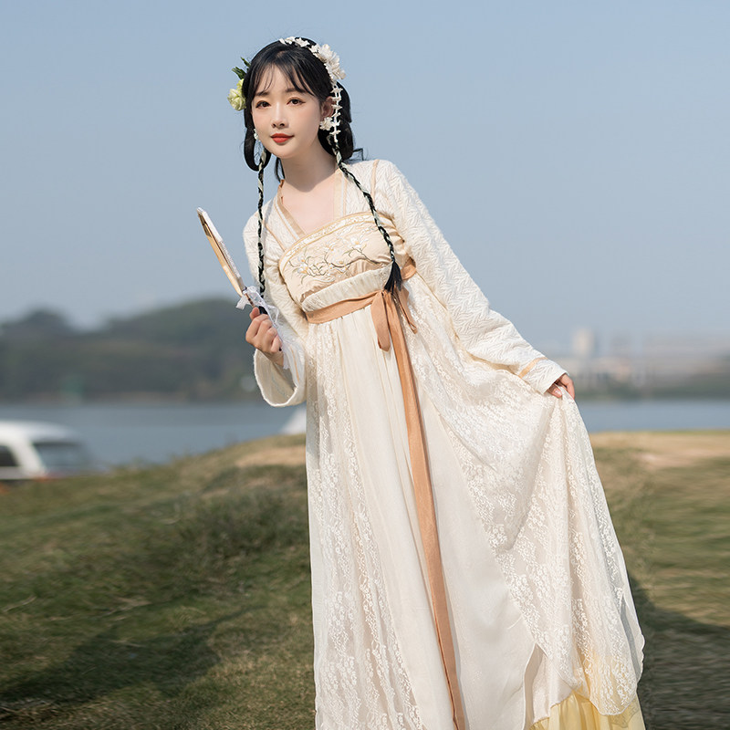 原创改良汉服少女日常对襟绣花齐胸裙大摆裙汉元素国风连衣裙套装
