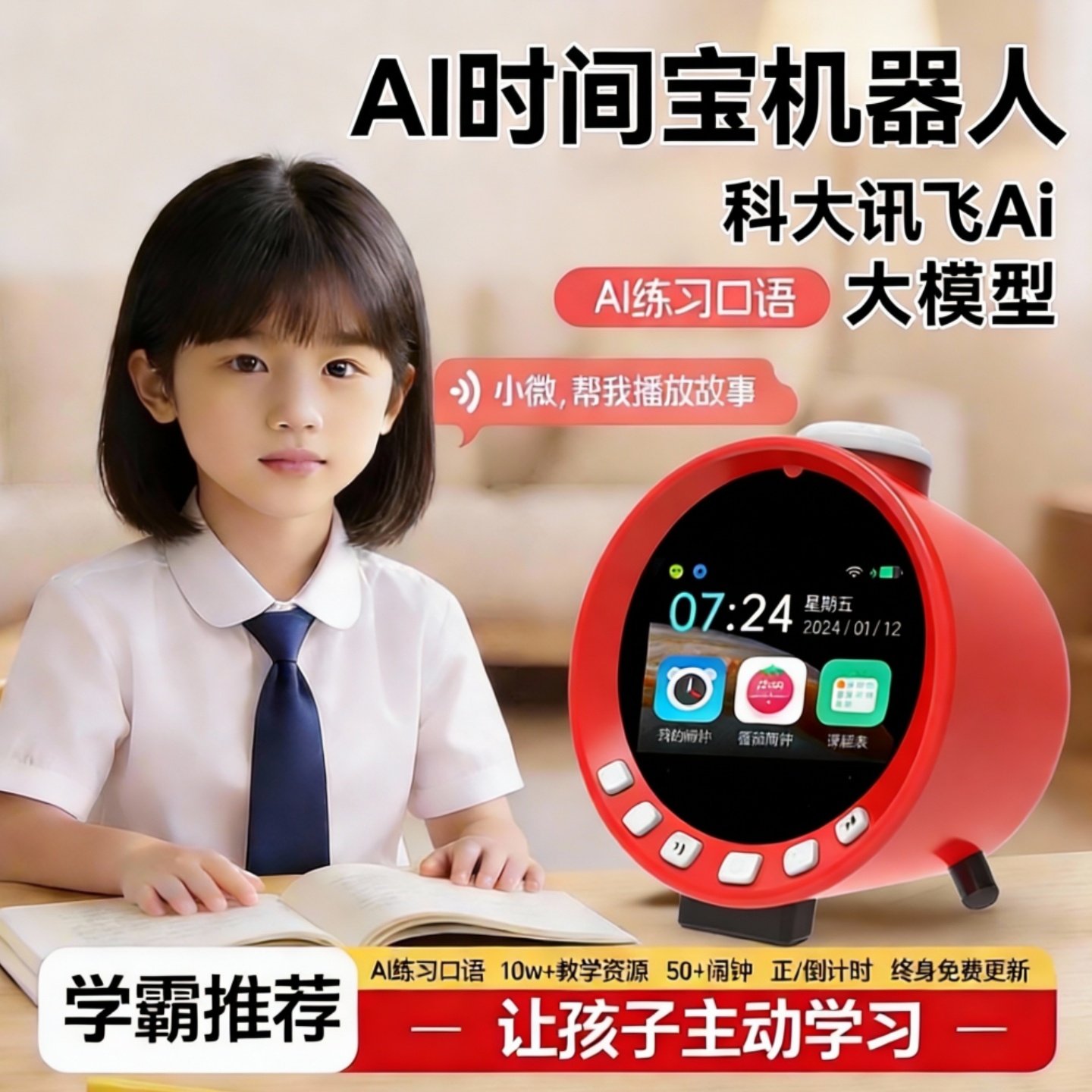 2026新款AI时间宝儿童早教机学习机器人智能闹钟学生自律起床神器