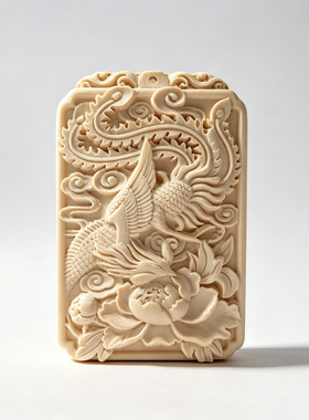 小叶黄杨木孔雀牡丹挂牌双面雕刻花开富贵出入平安木雕挂件挂饰