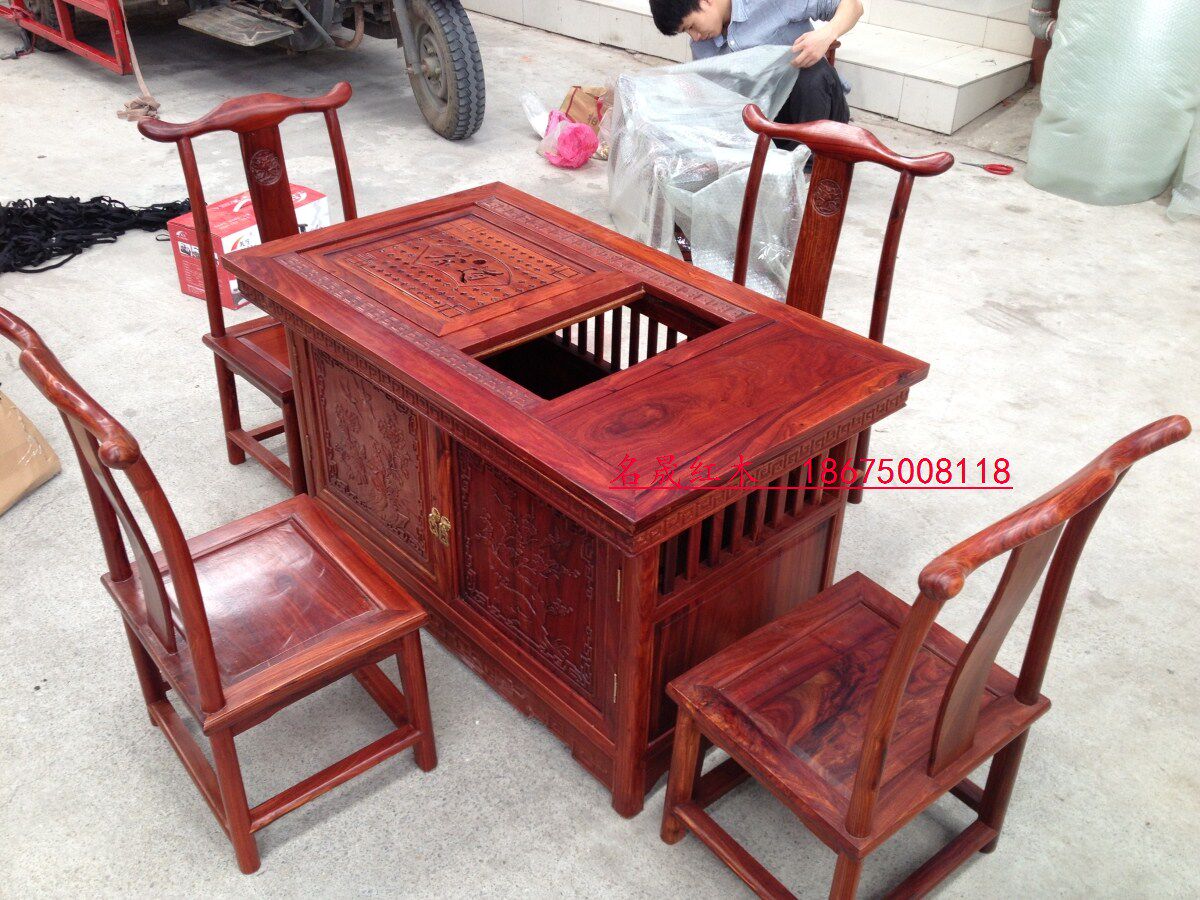 红木小型茶台 明清仿古家具非洲小叶红檀小玲珑茶台茶桌配4把椅子
